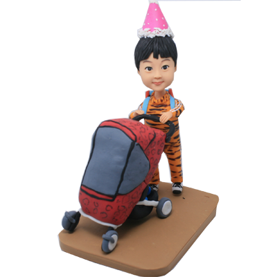 Girl Pushing Baby Buggy Custom Bobble